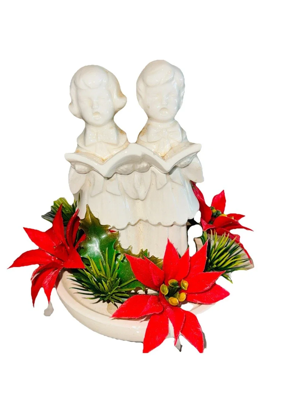 1967 STICKERED Vintage Ceramic Christmas Carolers Poinsettia Footed Figurines